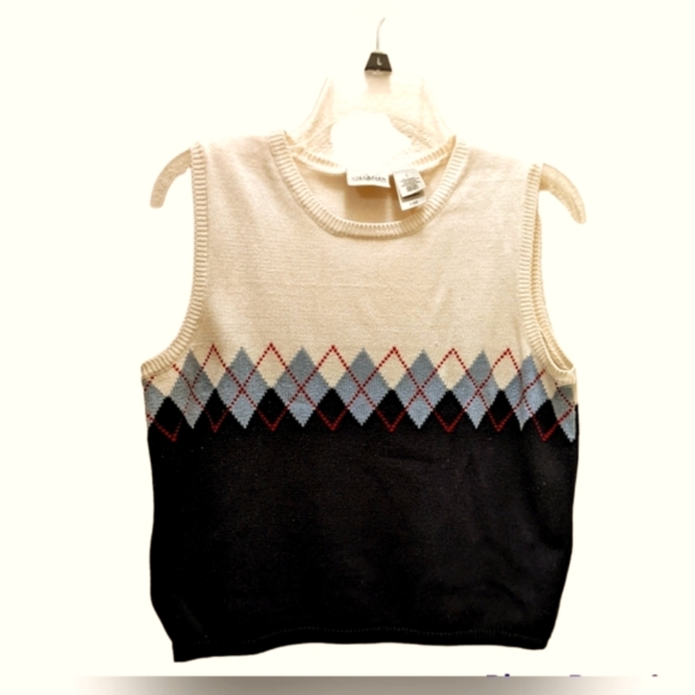 Villager Top or Vest Cream and Navy Blue Knit Top  Sz. L